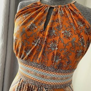 Orange/pale blue  patterned halter maxi dress. Sz 8